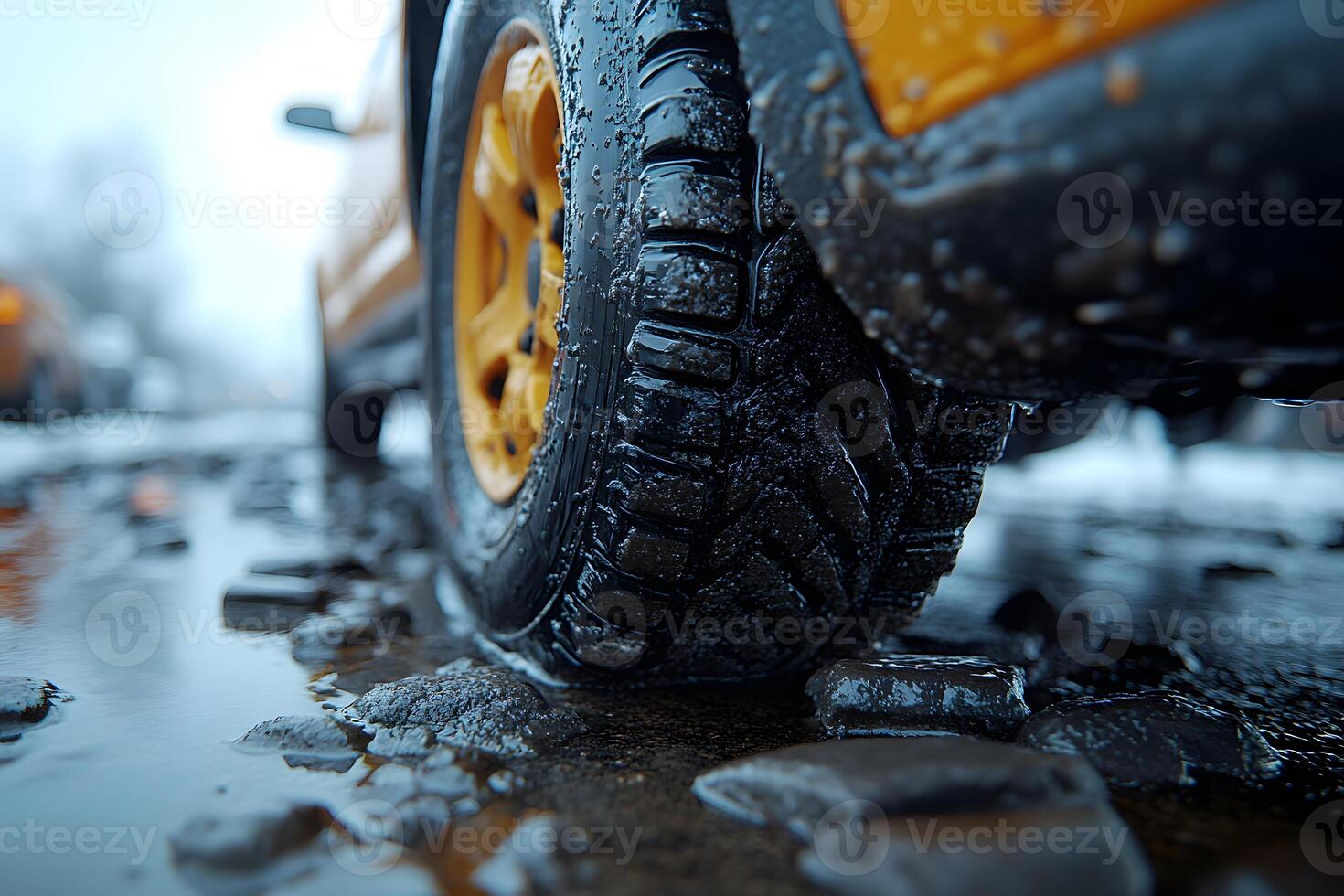 Car Tire on Wet, Muddy Terrain with Reflective Surface for Off-Road Adventure Theme photo