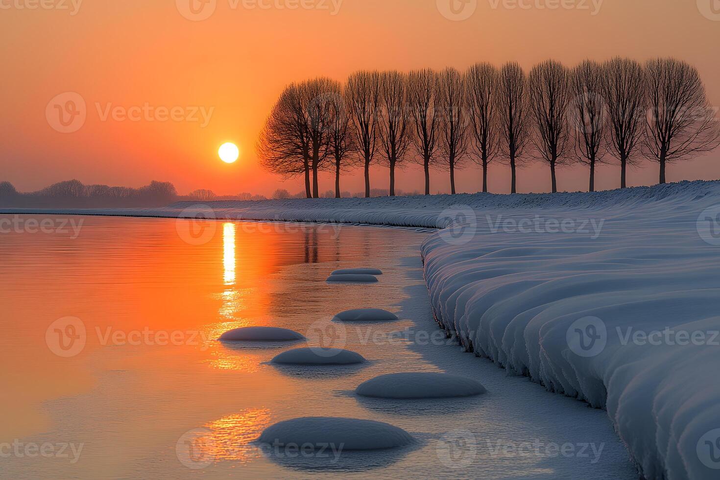 Winter Sunset Over Snowy Riverbank with Trees Reflecting on Water photo