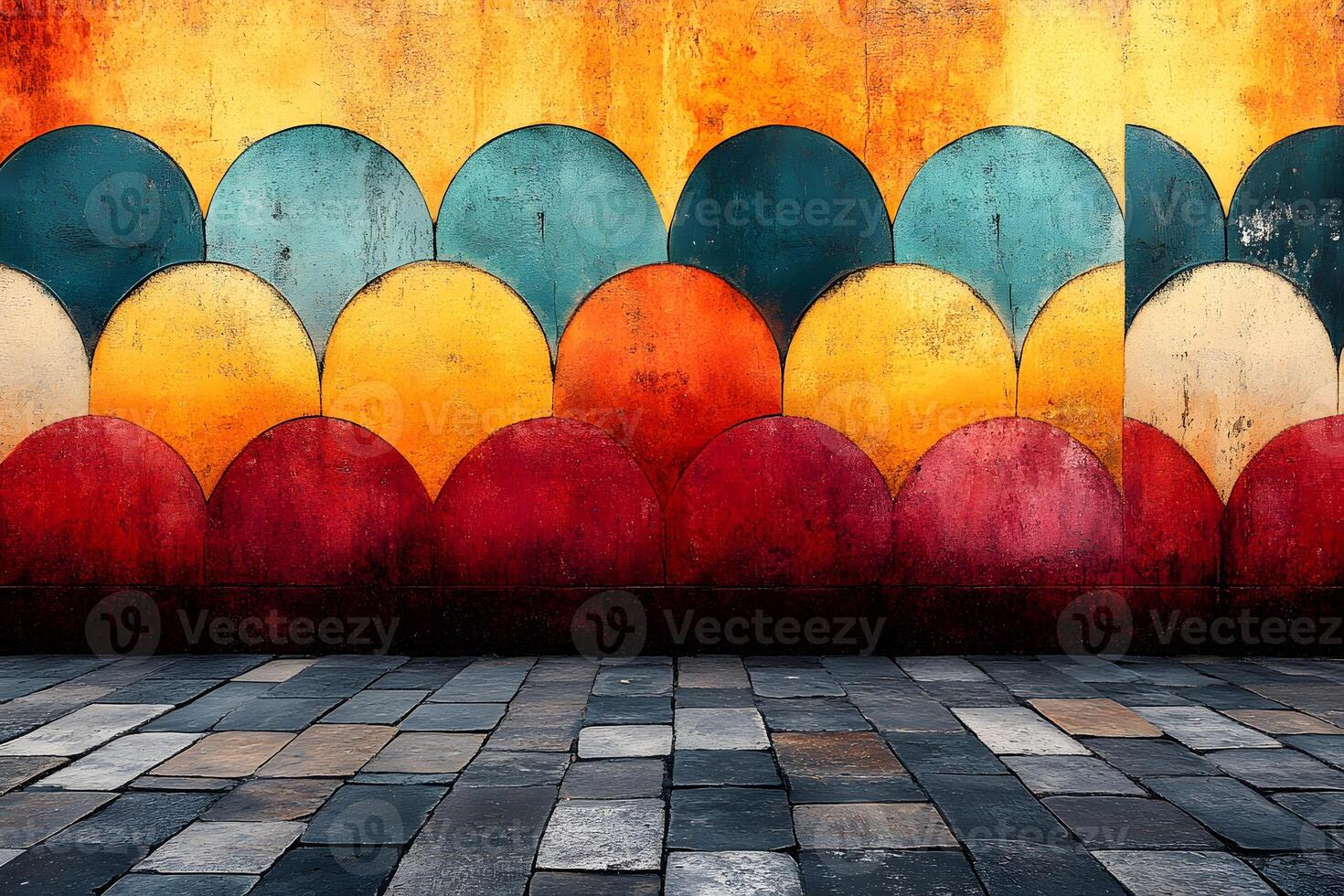 Vibrant Scalloped Pattern Wall Art with Textured Stone Pavement Background photo