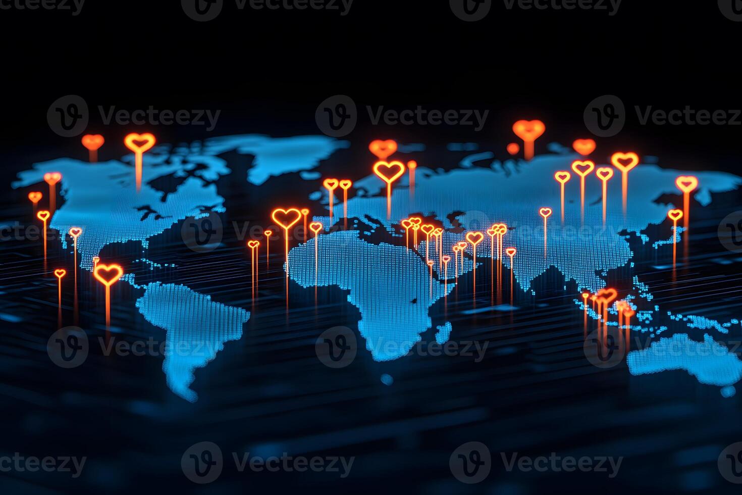 Global Connectivity Concept with Heart-Shaped Indicators on Digital World Map photo