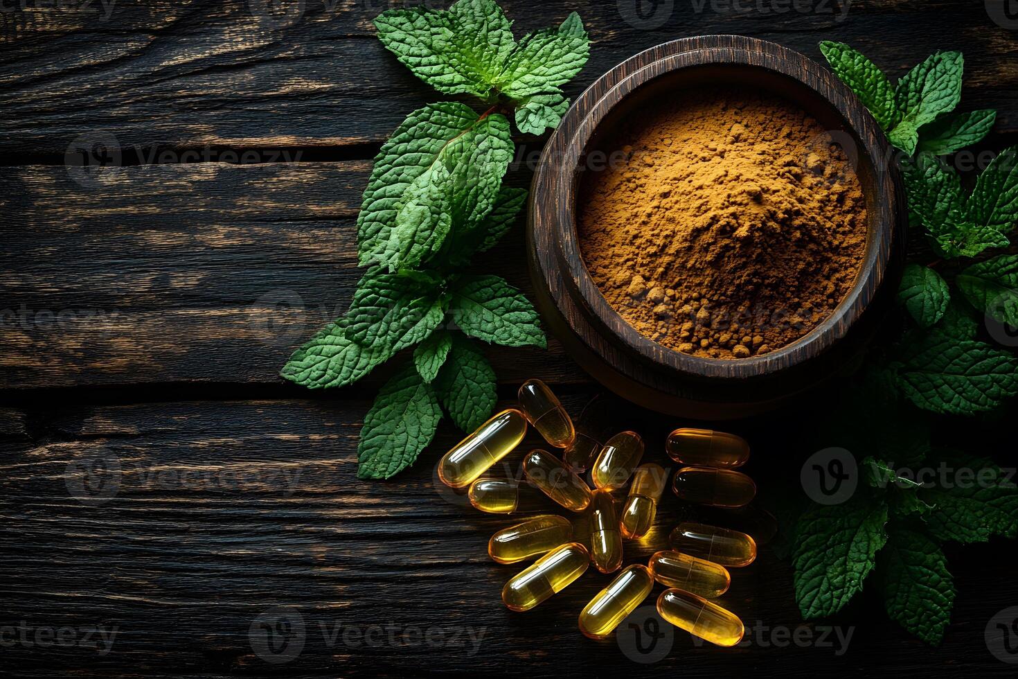 Herbal Supplements Concept with Fresh Mint Leaves, Turmeric Powder, and Capsules for Natural Health photo