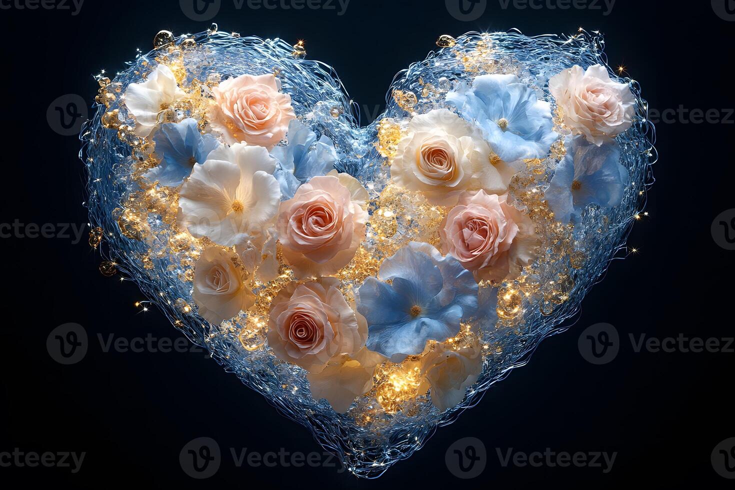 Romantic Floral Heart with Pastel Roses and Blue Flowers for Elegant Decor photo