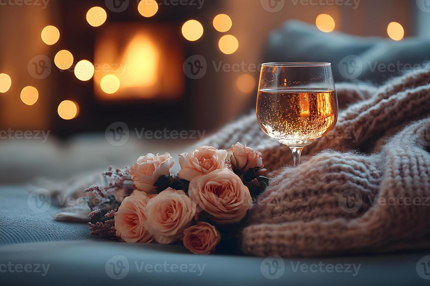 Cozy Autumn Evening with Wine and Roses by the Fireplace - Perfect for Relaxation Themes photo