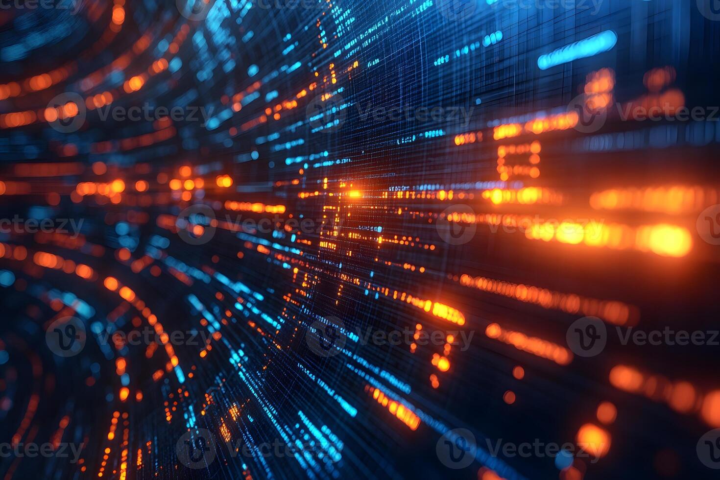 Abstract Digital Data Stream with Glowing Orange and Blue Particles for Technology Concepts photo