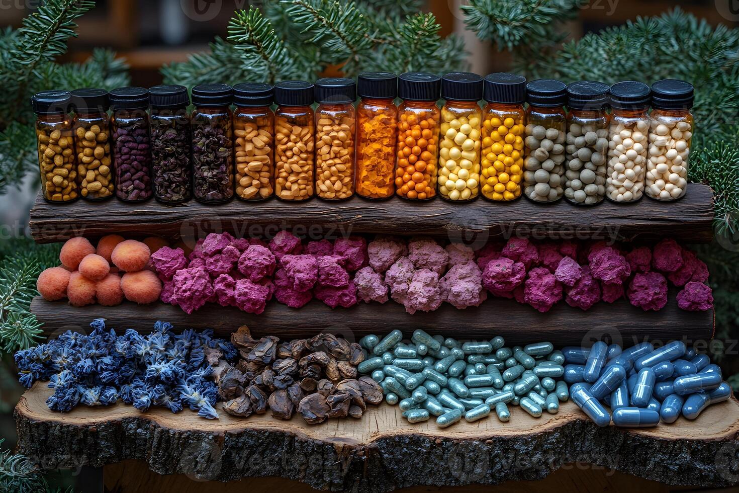 Natural Supplements and Herbal Ingredients Displayed in Colorful Vials for Holistic Health photo