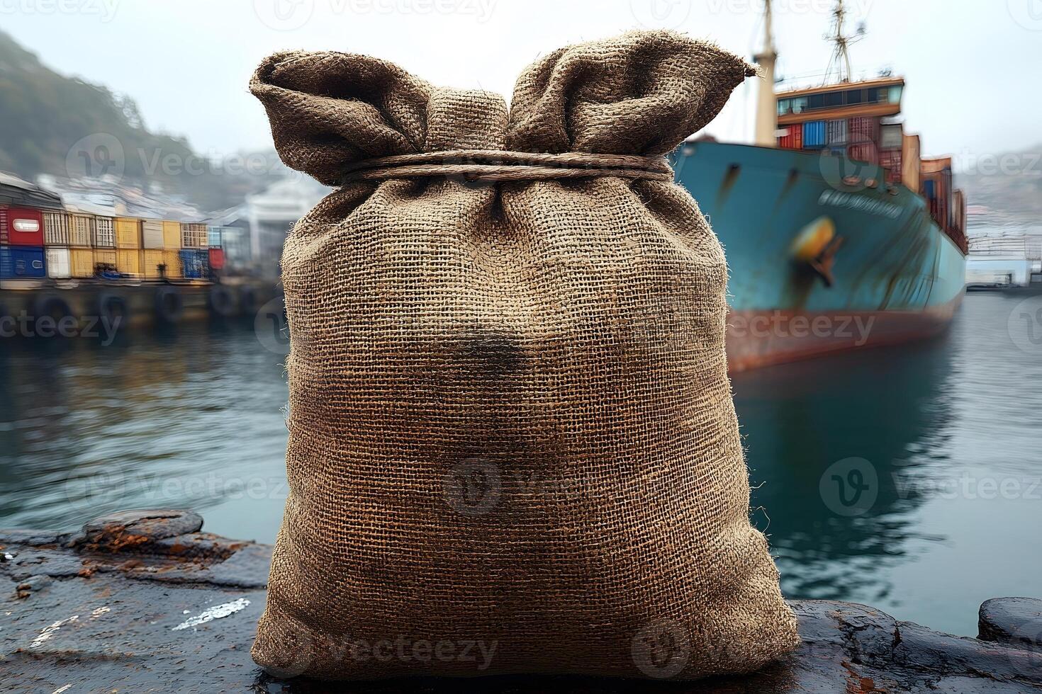 Rustic Burlap Sack by the Harbor with Shipping Containers and Cargo Vessel photo