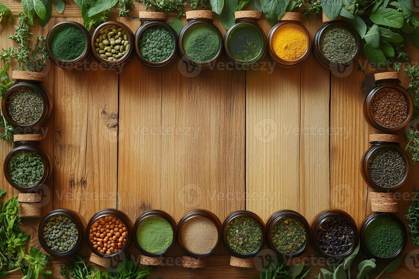 Herbal Framework Assorted Spices in Jars on Wooden Surface for Culinary Design and Inspiration photo