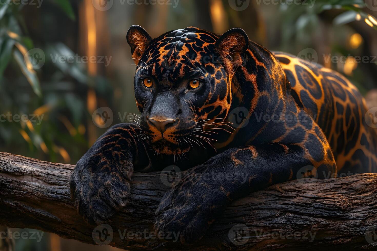 Majestic Leopard Resting on Tree Branch in Sunlit Jungle - Nature and Wildlife Photography photo