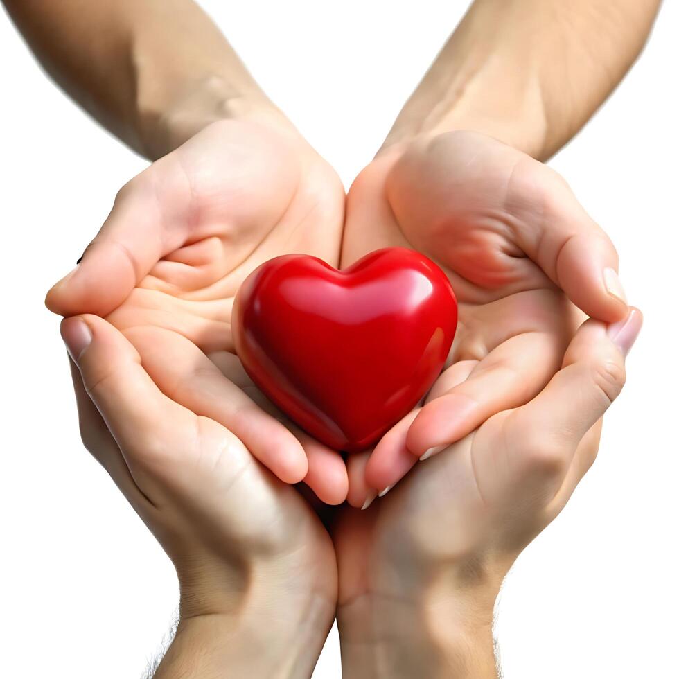 Two Hands Gently Holding a Red Heart Symbol of Love and Care photo