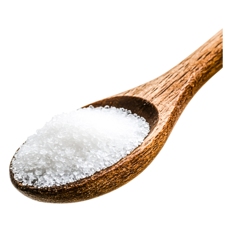 closeup of Granulated White Sugar in Wooden Spoon on png