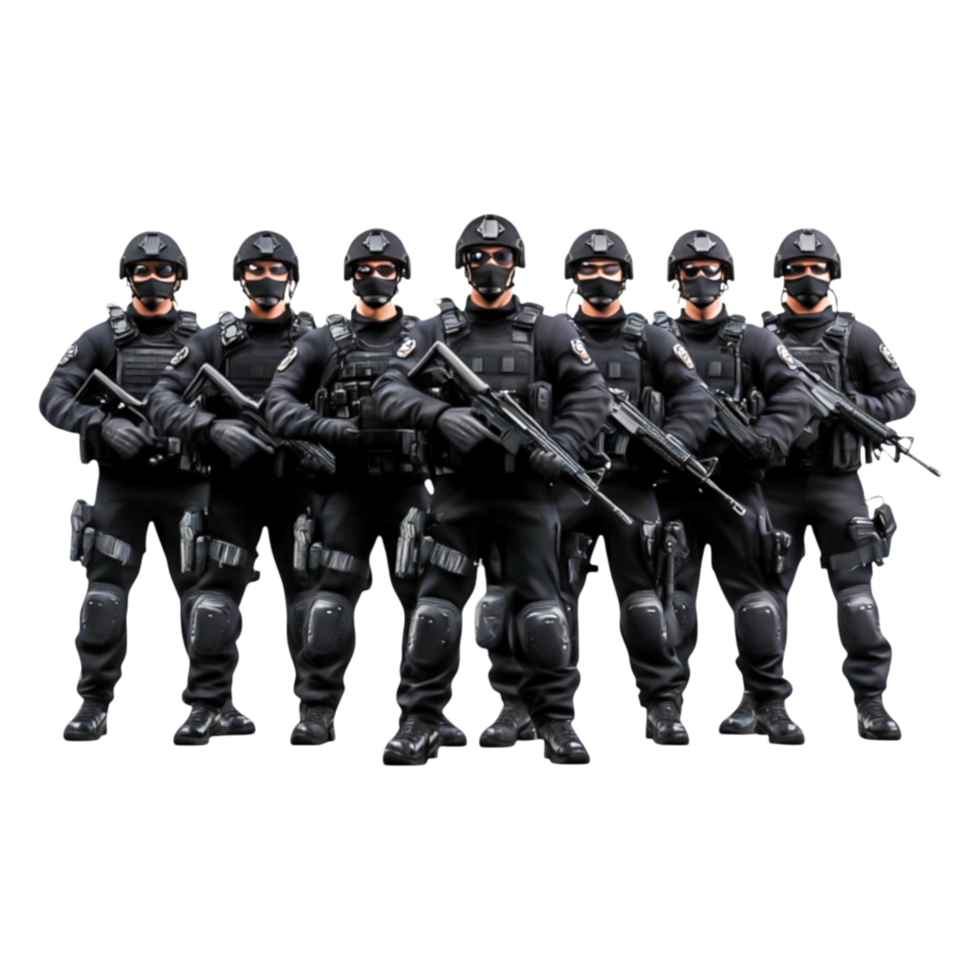 Tactical Team of Six Soldiers in Black Uniforms with Rifles png