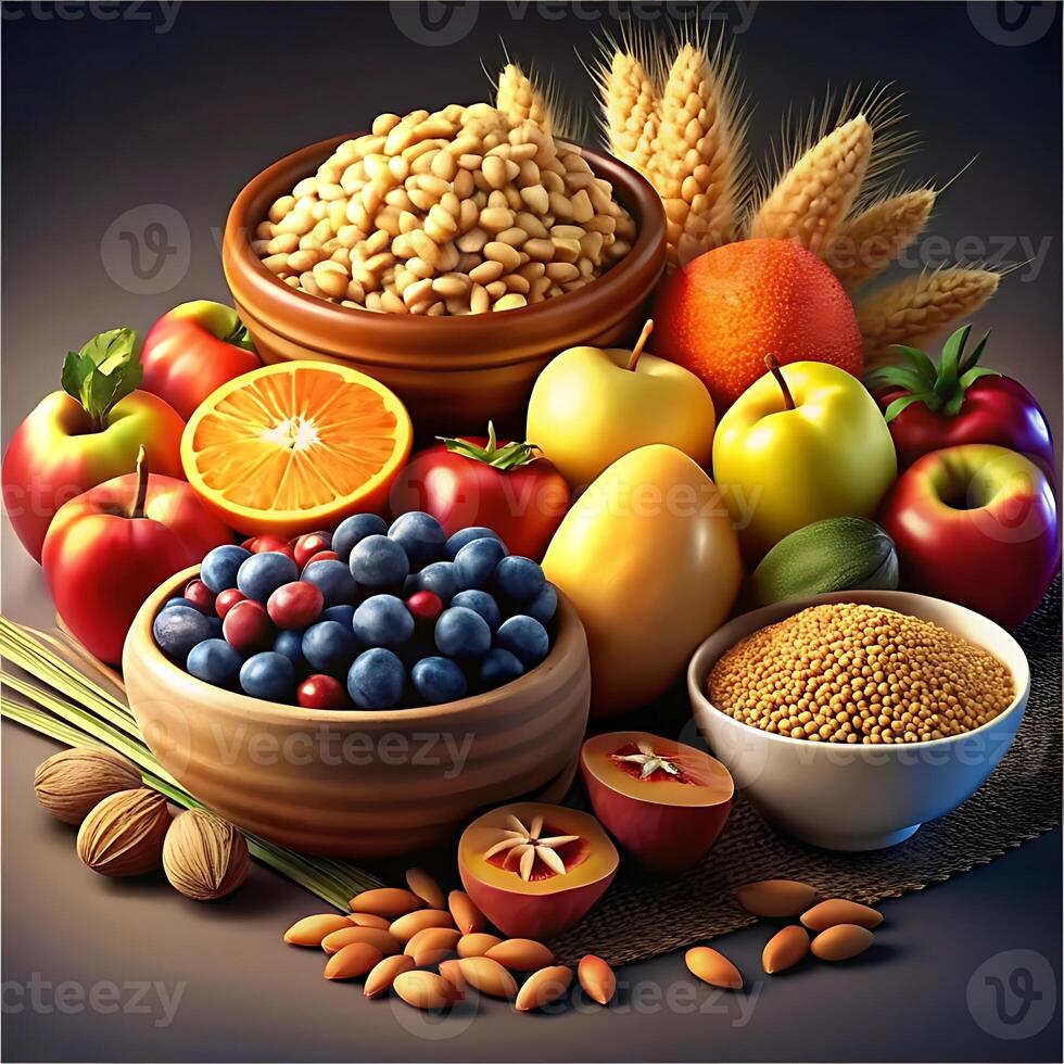 A vibrant still life showcasing a healthy and diverse collection of fresh fruits nuts and grains photo