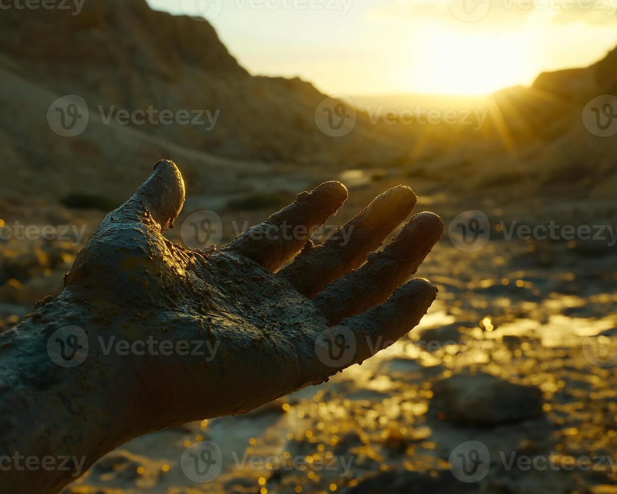 Mud-covered hand sunset desert landscape exploration photo