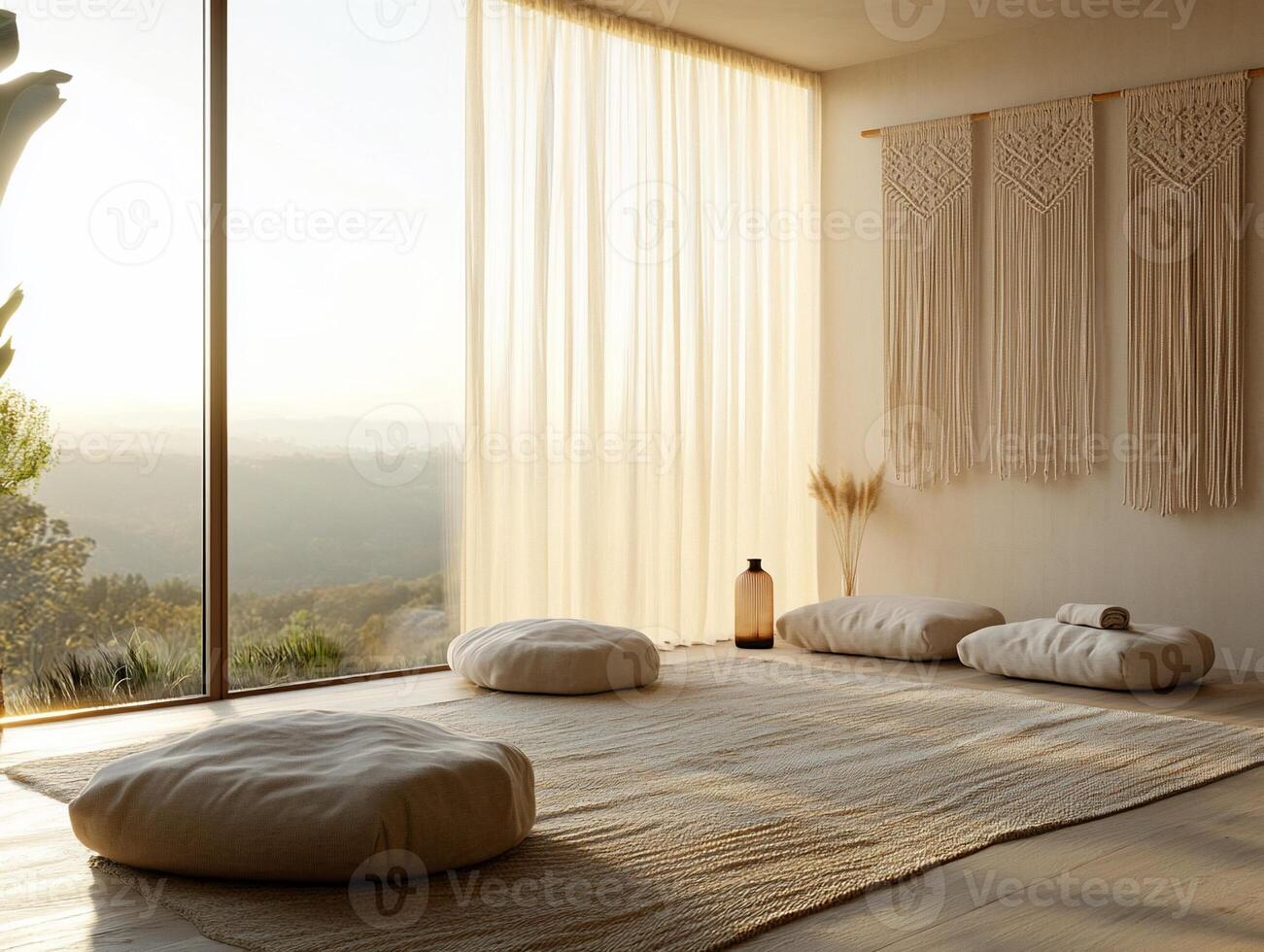 Peaceful sunrise yoga studio, mountain view photo