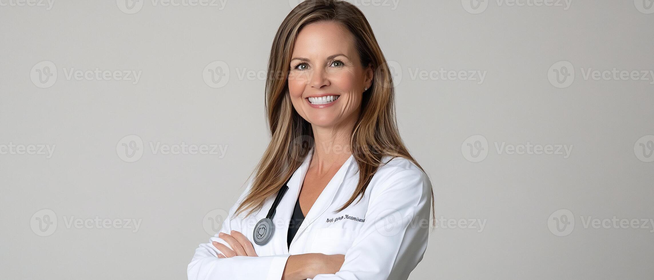 Smiling female doctor, arms crossed, studio portrait. Healthcare photo