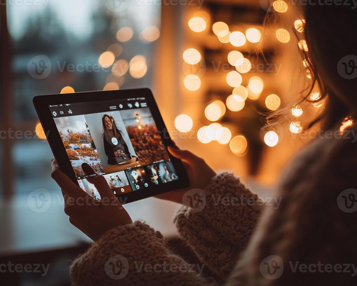 Woman edits photos on tablet, cozy home, night