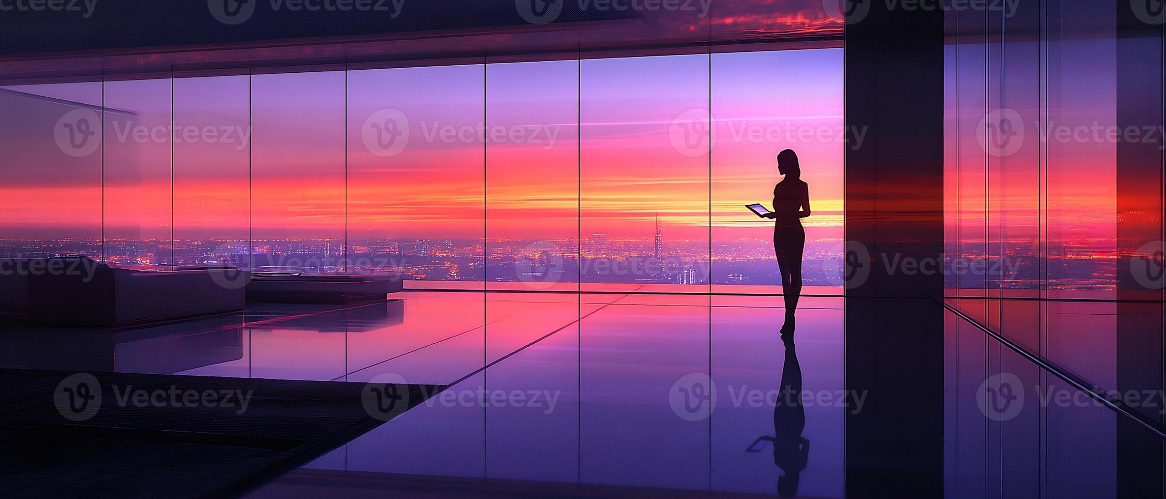 Woman city sunset view tablet photo