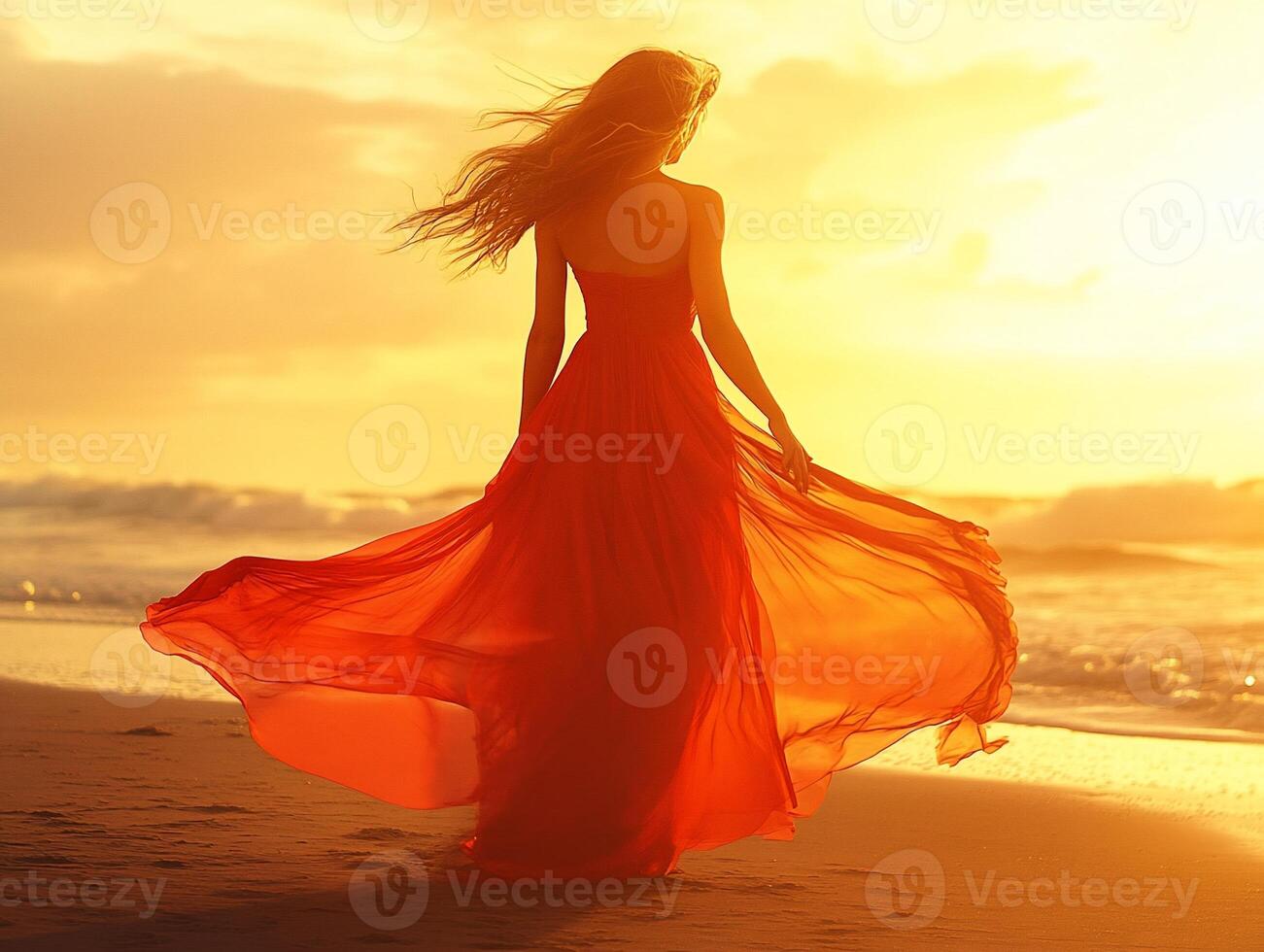 Woman in red dress, sunset beach, ocean waves, peaceful photo
