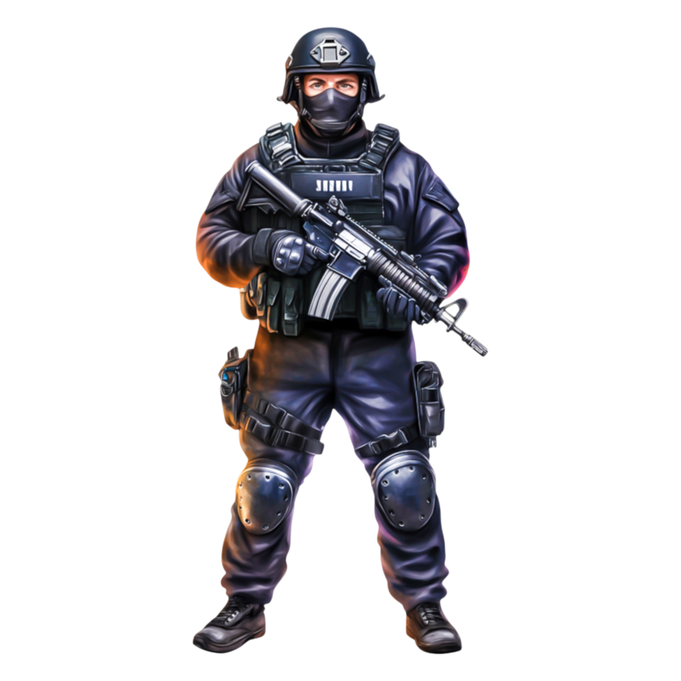 Tactical Law Enforcement Officer with Weapons and Gear in Action png