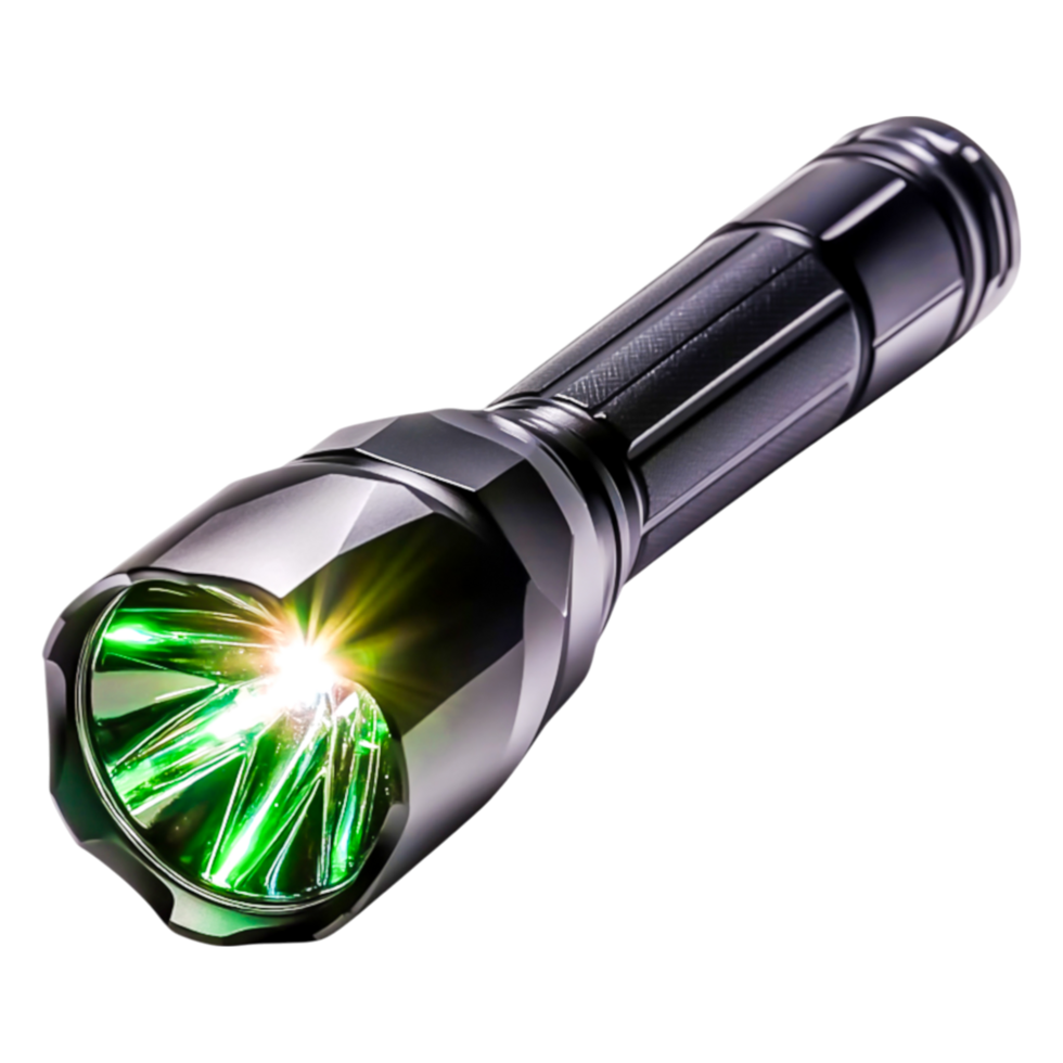 High-Quality Black Flashlight with Green LED Light and Shine Effect png
