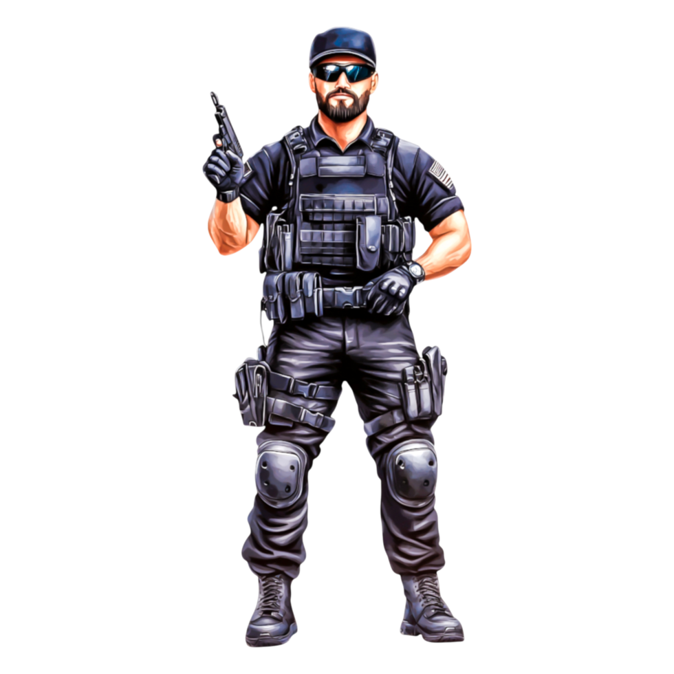 Tactical Security Officer in Black Uniform Holding Firearm png