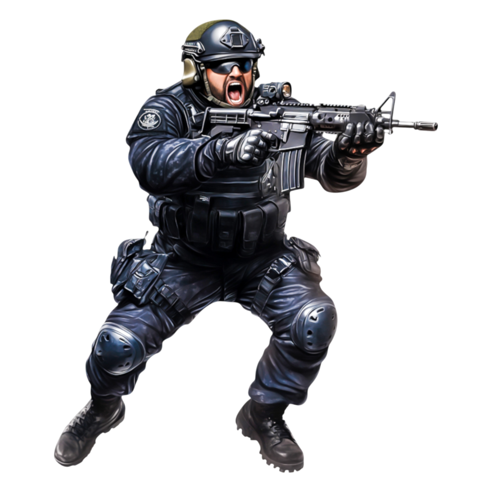 Armed Tactical Officer in Combat Gear Demonstrating Action Pose png