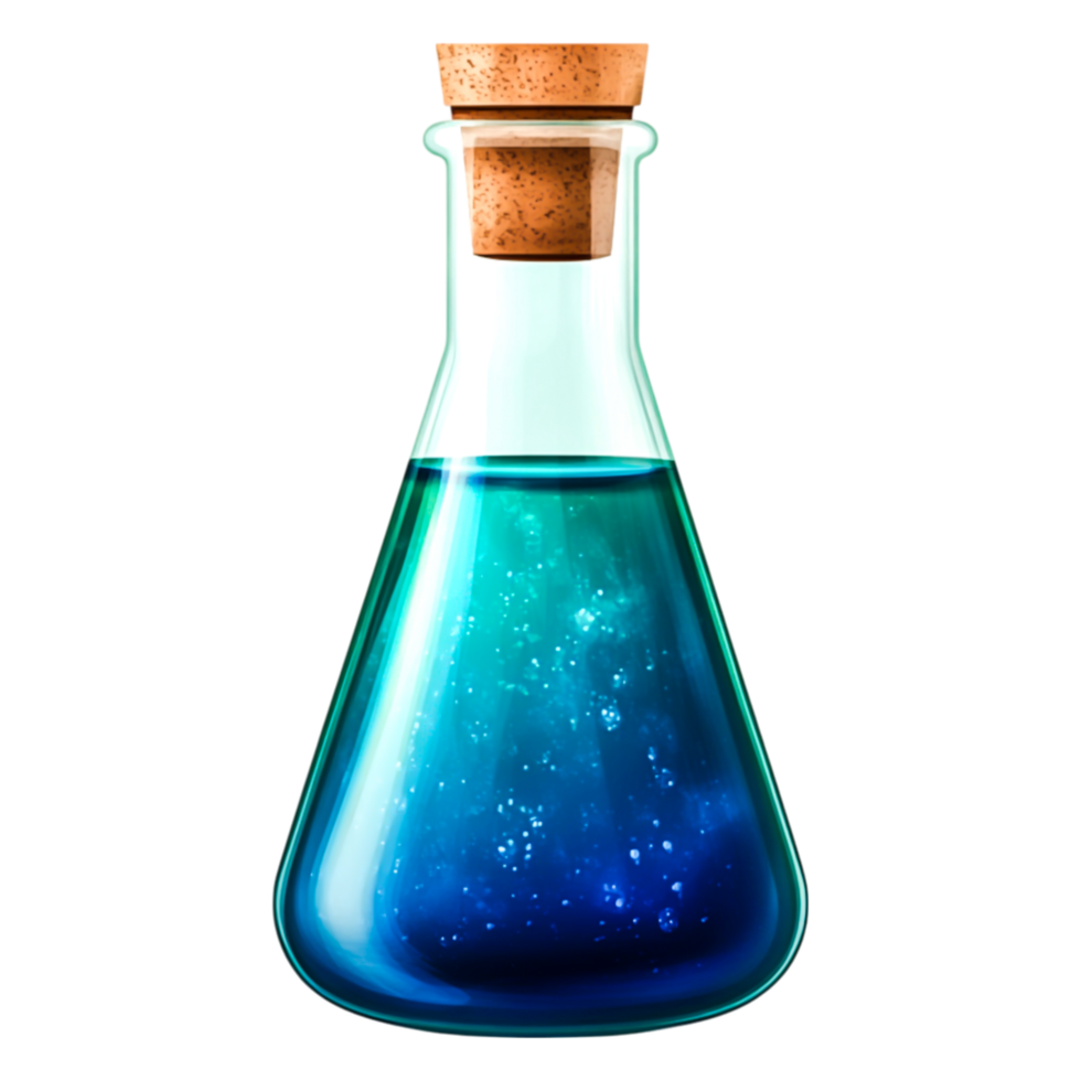 Blue Liquid in Glass Flask with Cork Stopper and Sparkling Effects png