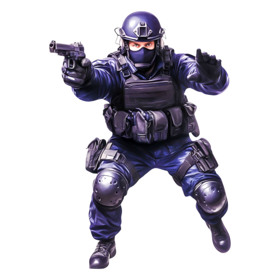 Tactical Law Enforcement Officer Engaging in Action Pose with Gun png