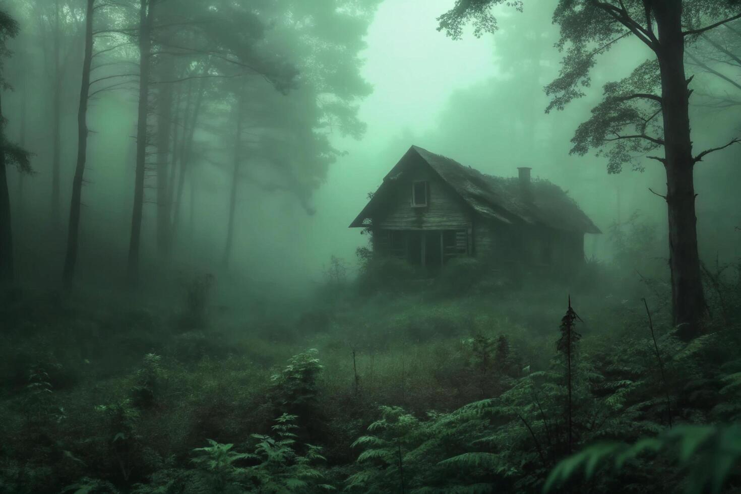 Enigmatic Abandoned Cabin in a Foggy Emerald Forest photo