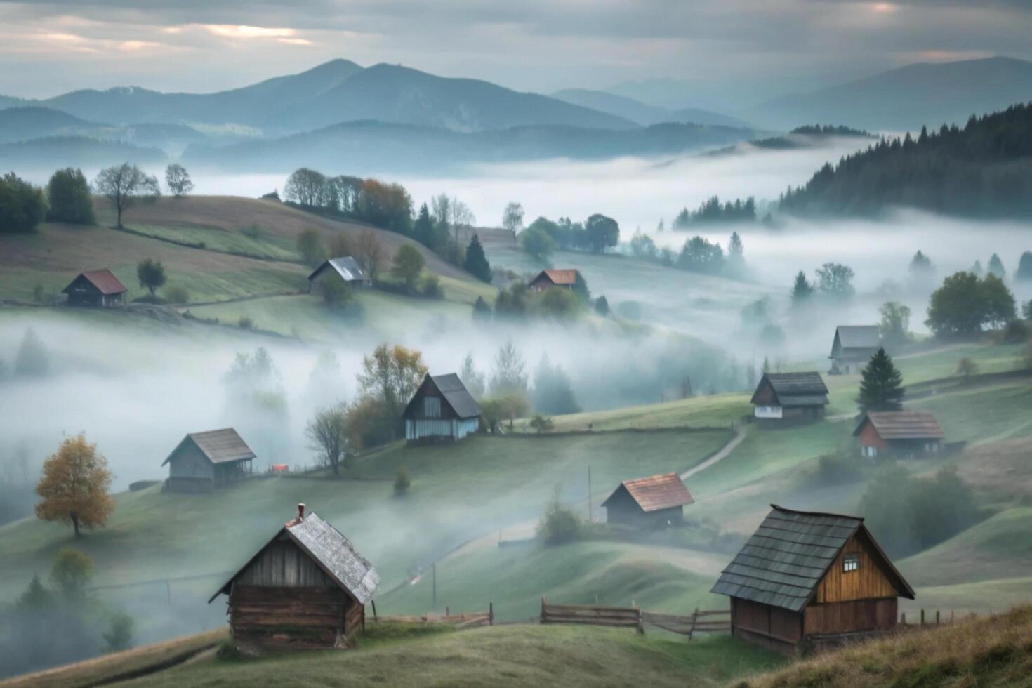 Misty Mountain Village Scene Rolling Hills and Foggy Meadows Serene Landscape photo