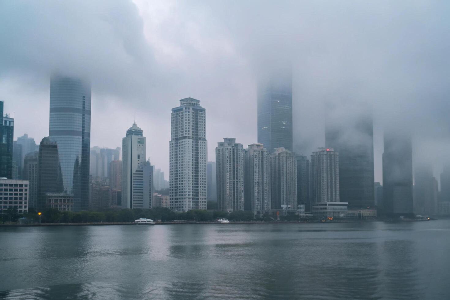 Misty Morning Skyline of Modern City Buildings Along a Calm River photo