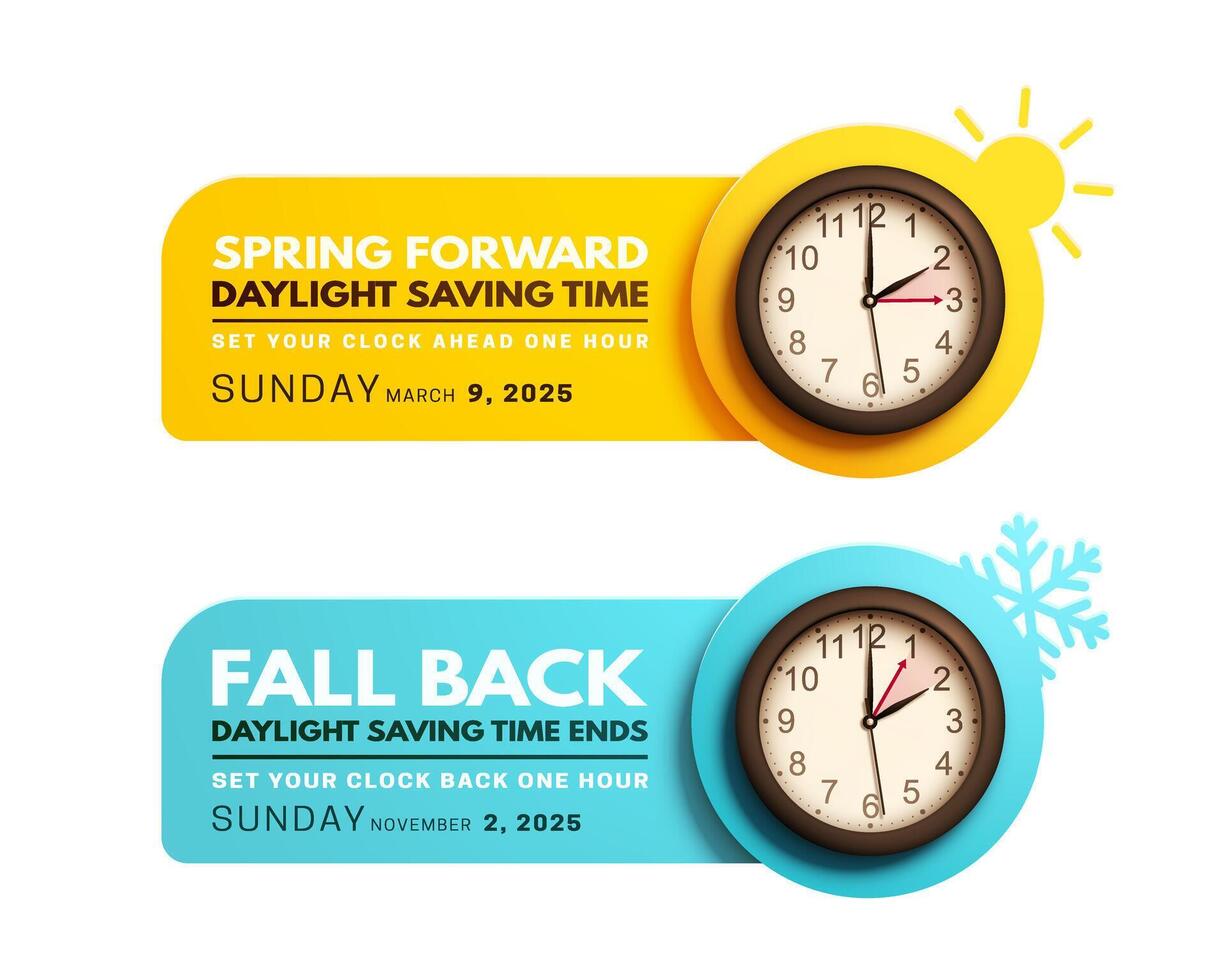 Spring Forward and Fall back concept design isolated on white background. Daylight saving time ends. Realistic black clocks. 3d Clock with hands moving ahead and backward one hour vector