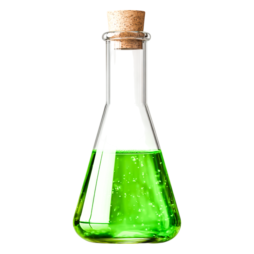 Green Laboratory Flask with Cork Stopper Containing Bubbling Chemical Liquid png