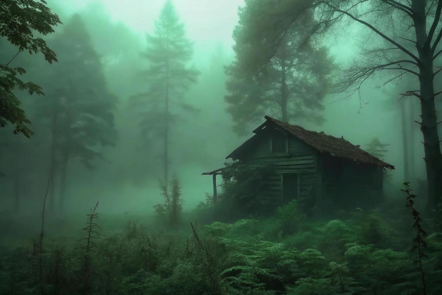 An Enigmatic Cabin shrouded in a Mysterious Green Fog within a Dense Forest photo