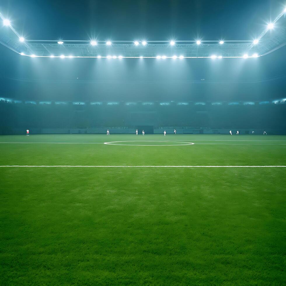 An empty soccer field with lights on it photo