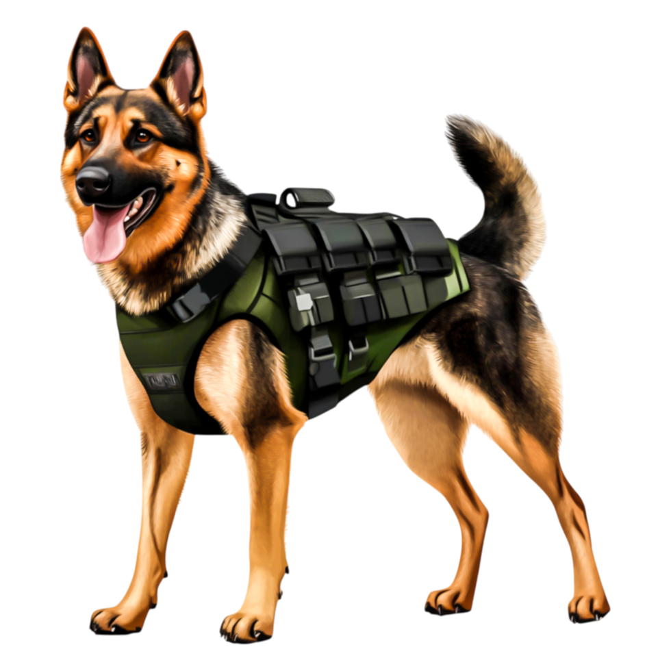 Military Working Dog in Tactical Gear Ready for Action and Service png