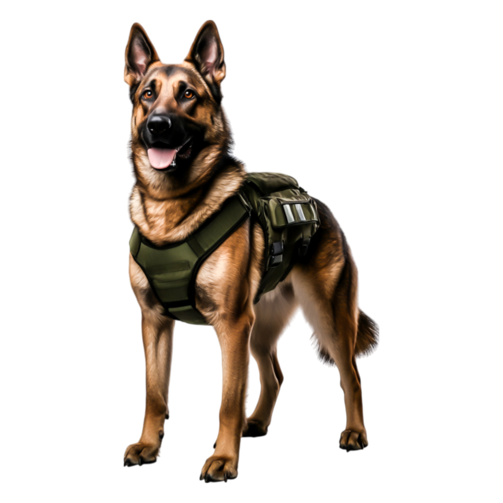 Happy German Shepherd Dog in Tactical Gear Ready for Action png