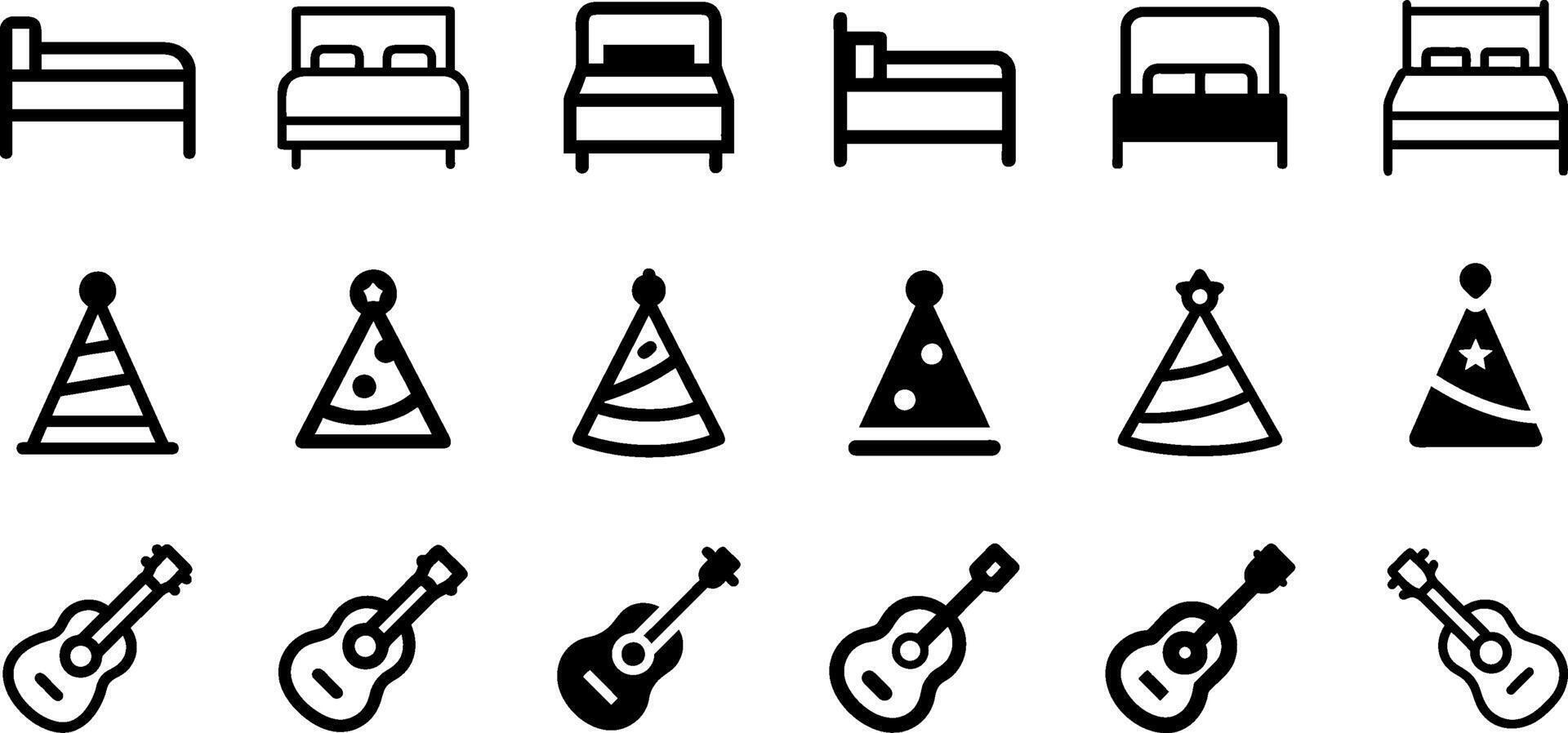 Bed Party Hat and Guitar Icon Set vector