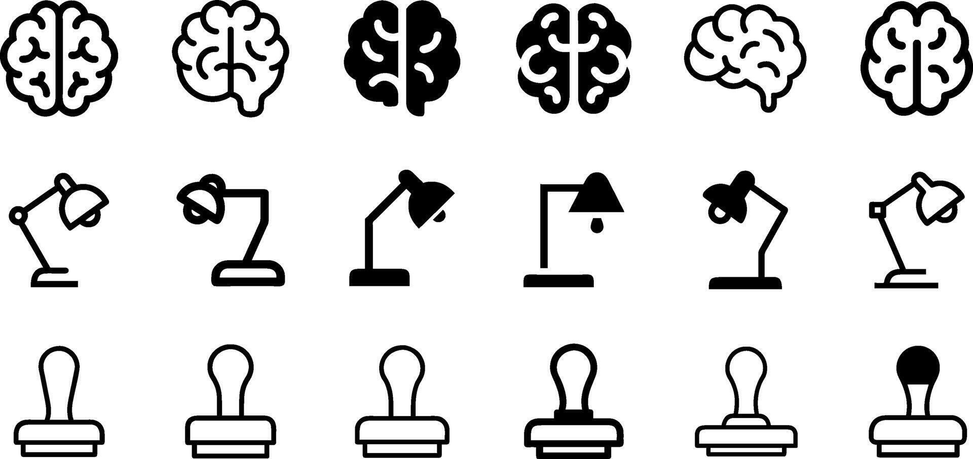 Brain Lamp Desk and Rubber Stamp Icon Set vector