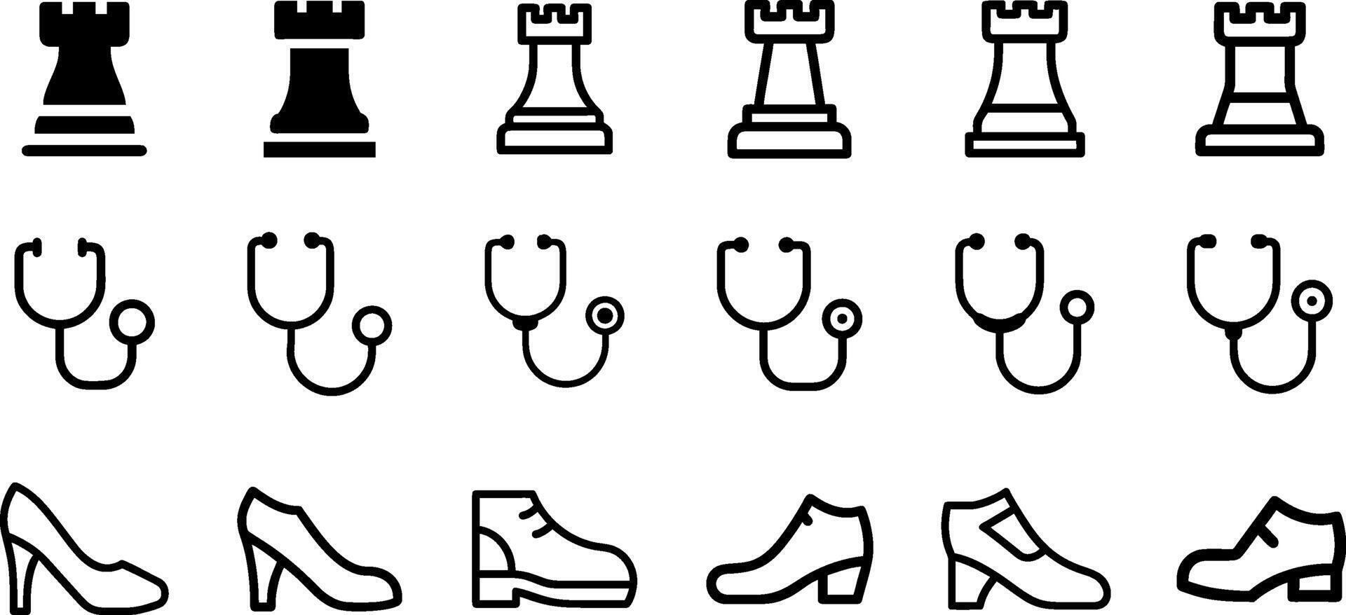 Chess Piece Rook Stethoscope and Shoe Icon Set vector