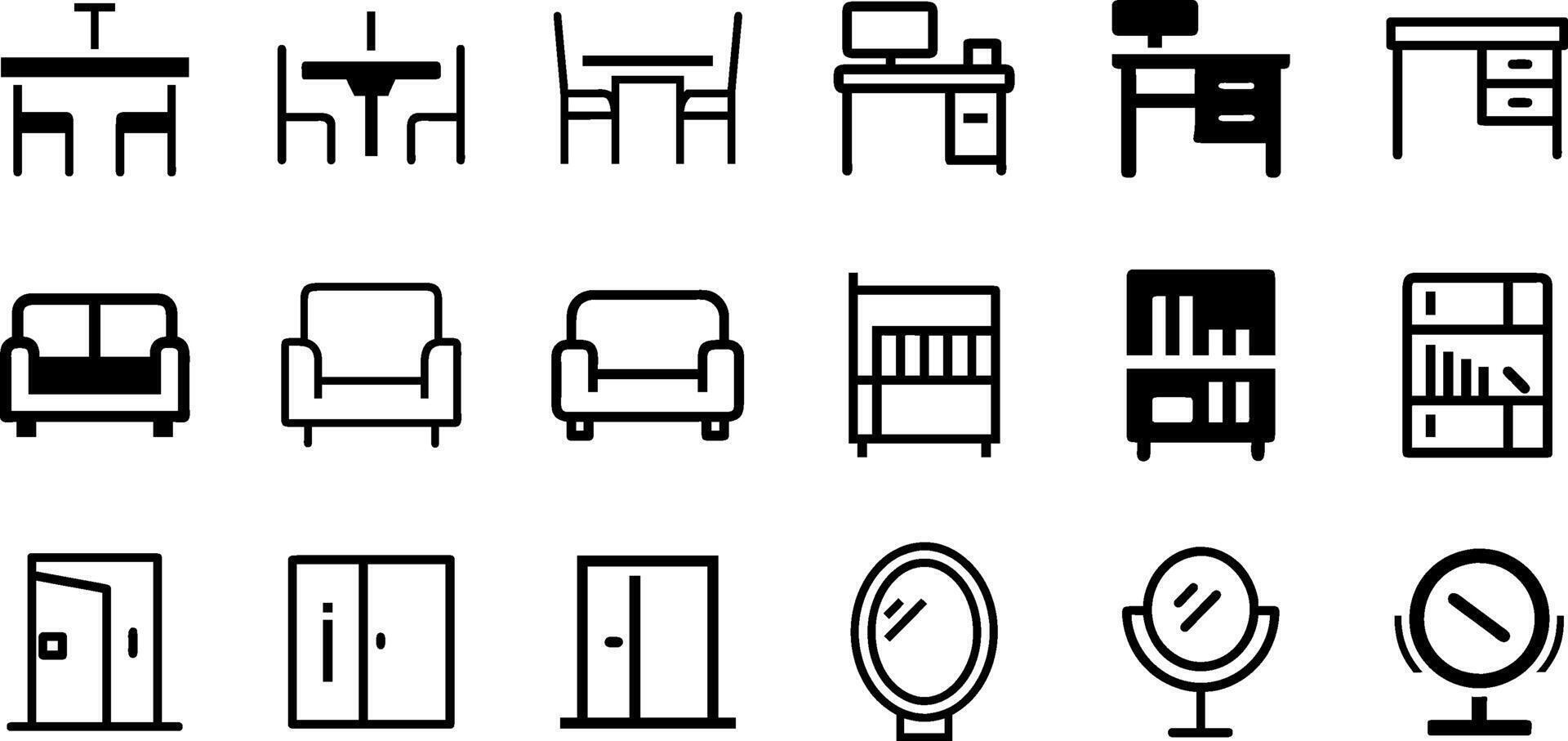 Dining Table Desk Sofa Bookshelf Door and Mirror Icon Set Home Decor Collection vector