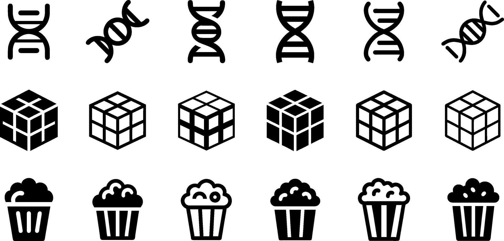 DNA Rubik's Cube and Popcorn Icon Set Science and Fun Collection vector