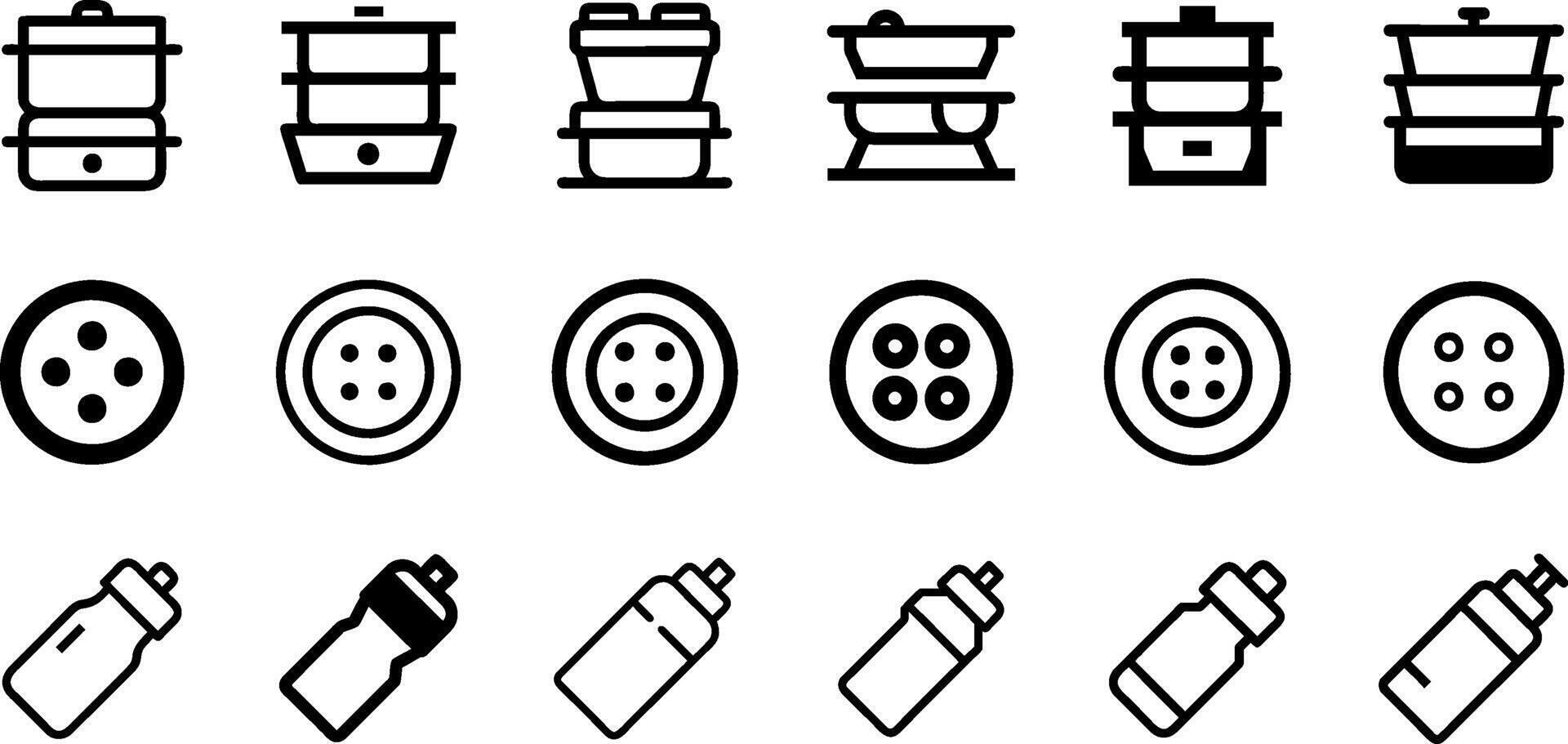 Kitchen and Active Lifestyle Icon Set Double Boiler Clothes Button Sports Water Bottle vector