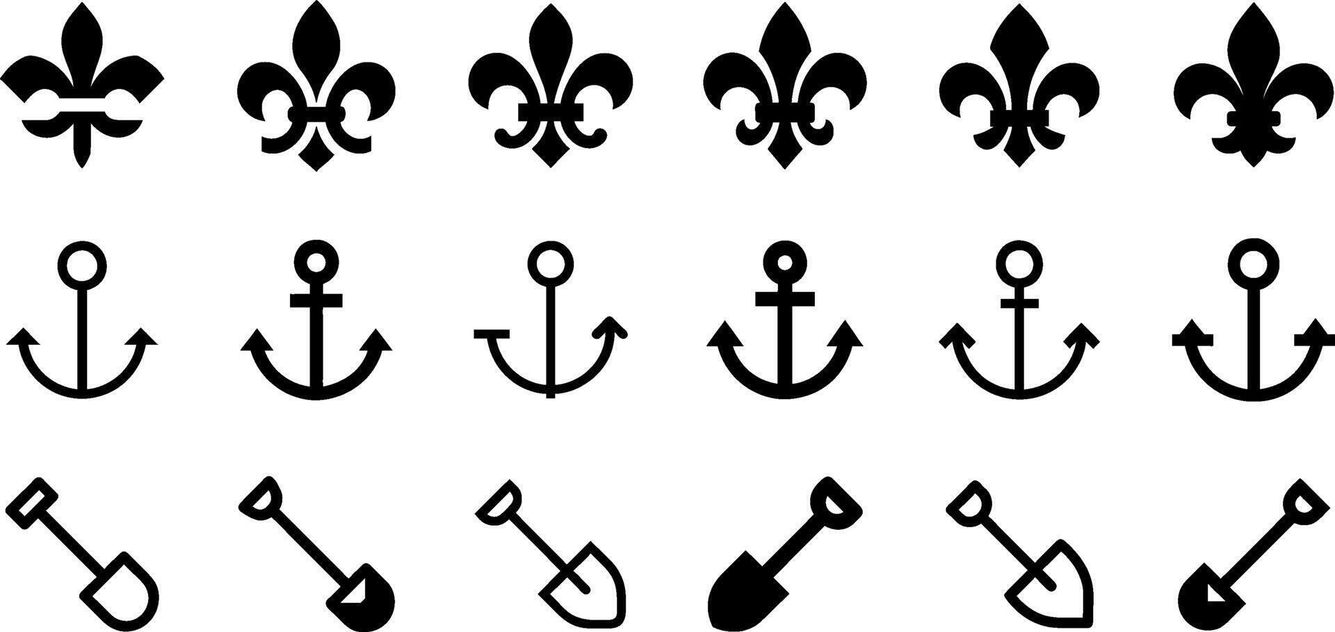 Minimalist Icons Fleur de Lis Anchor Shovel Design vector