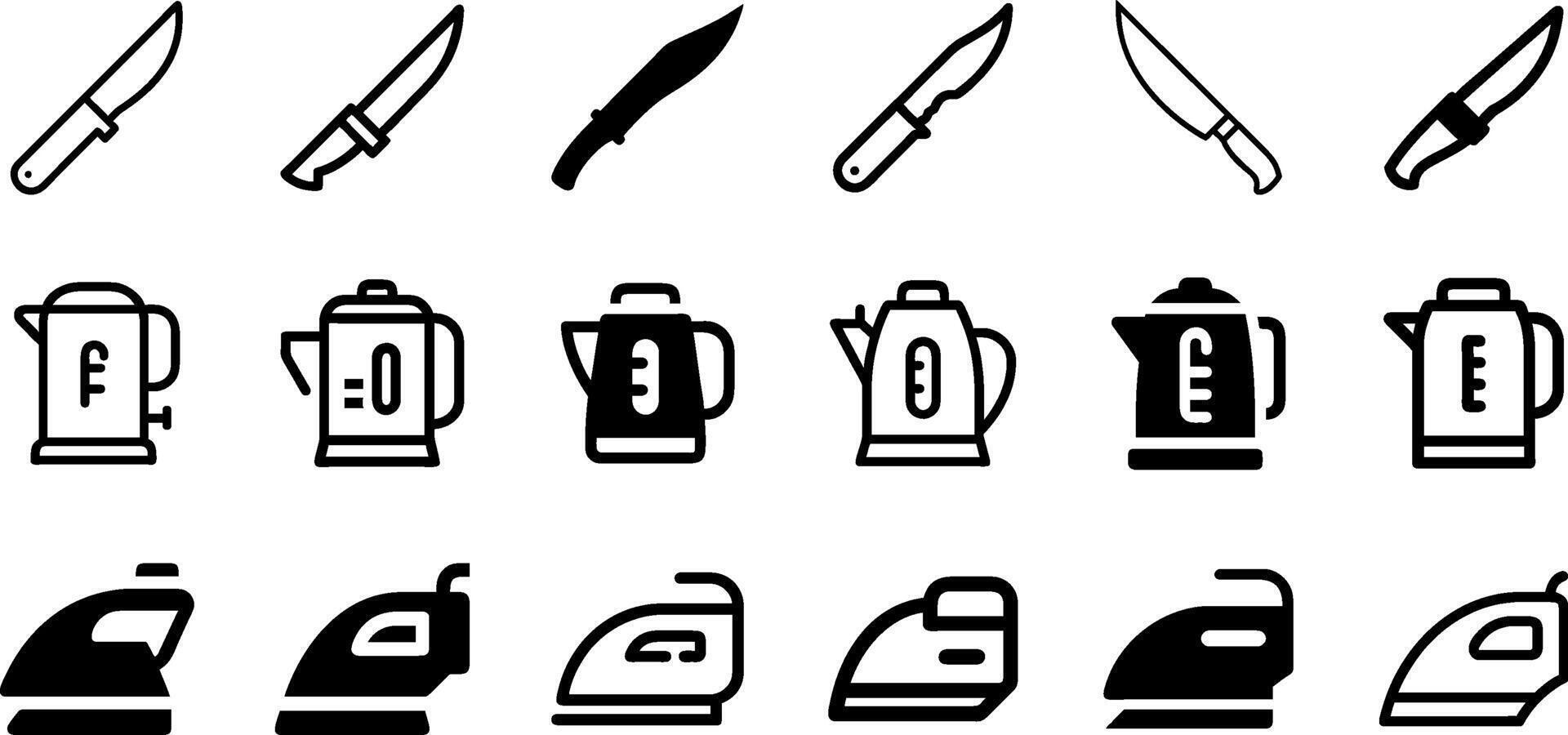 Minimalist Utility Icons Hunting Knife Electric Kettle Iron Design vector