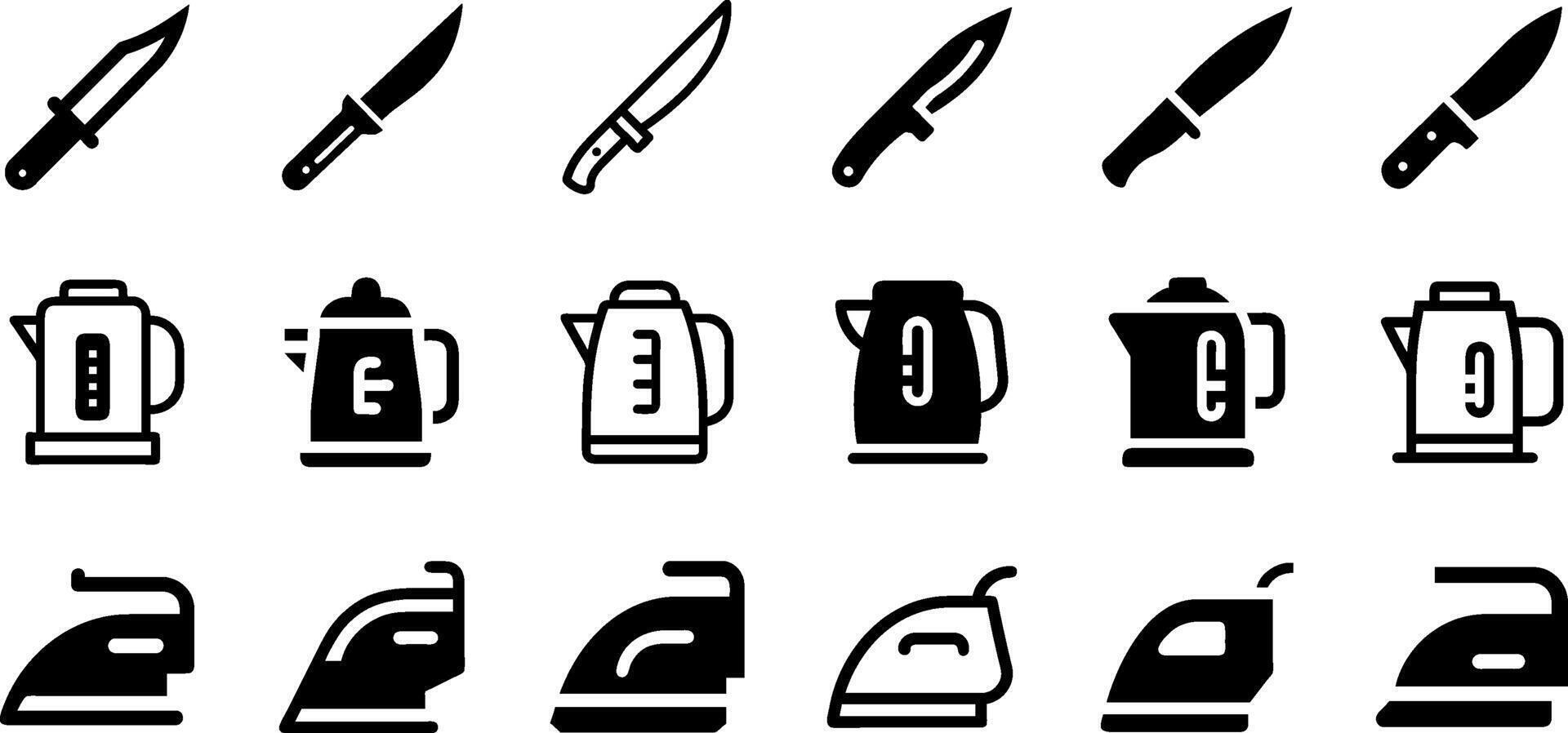 Hunting Knife Electric Kettle and Iron Icon Set Essential Tools Collection vector