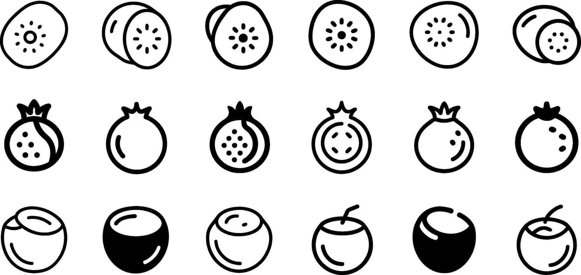 Kiwi Pomegranate and Coconut Icon Set Exotic Fruit Collection vector