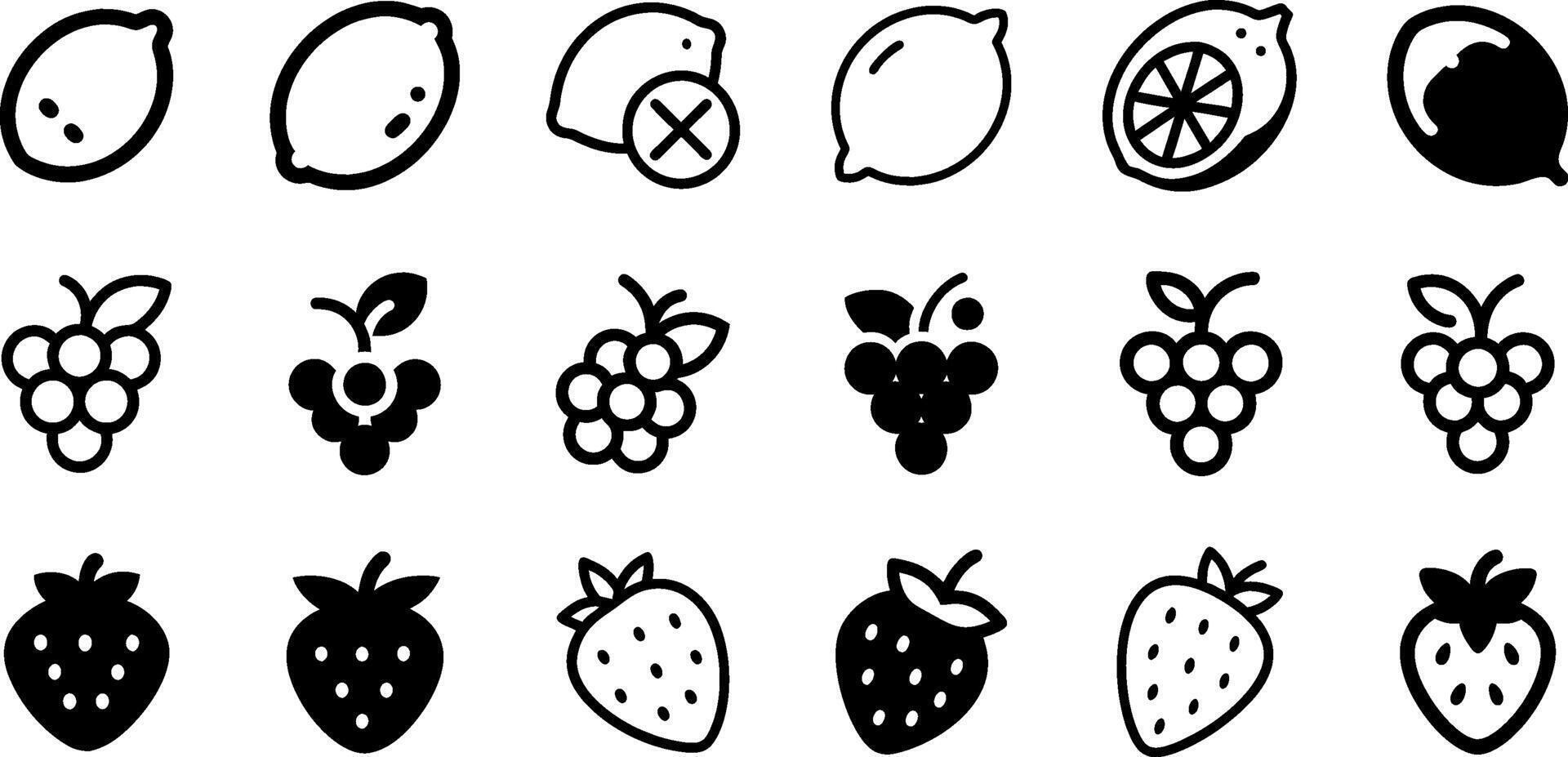 Lemon Grape and Strawberry Icon Set Fresh Fruit Collection vector