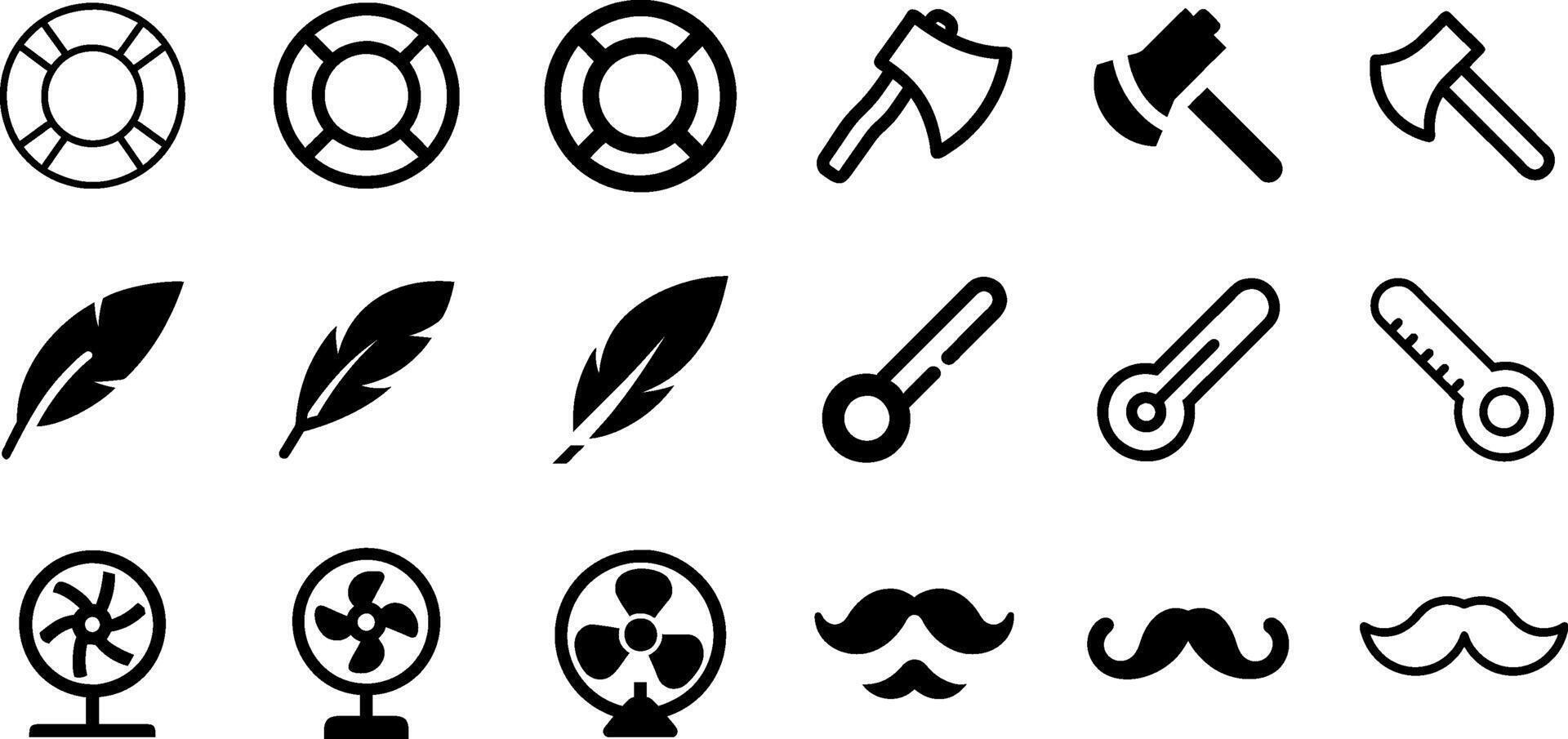 Minimalist Utility Icons Lifebuoy Axe Feather Thermometer Fan Mustache Design vector