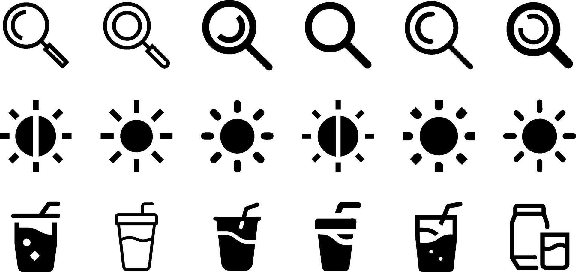 Magnifying Glass Brightness and Soft Drink Icon Set Exploration Essentials Collection vector